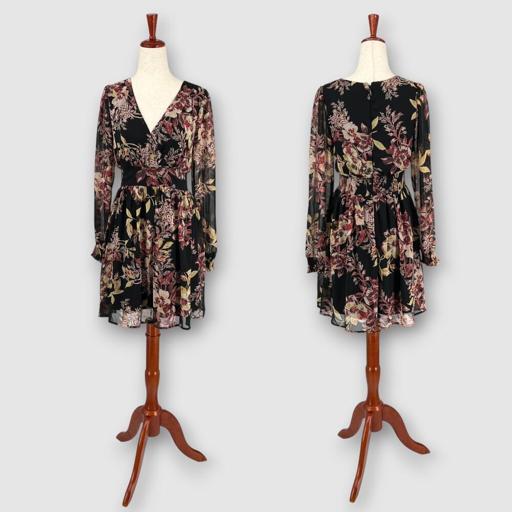 Soiéblu Floral Chiffon Long Sleeve Mini Dress Black Red Boho V-Neck Size S